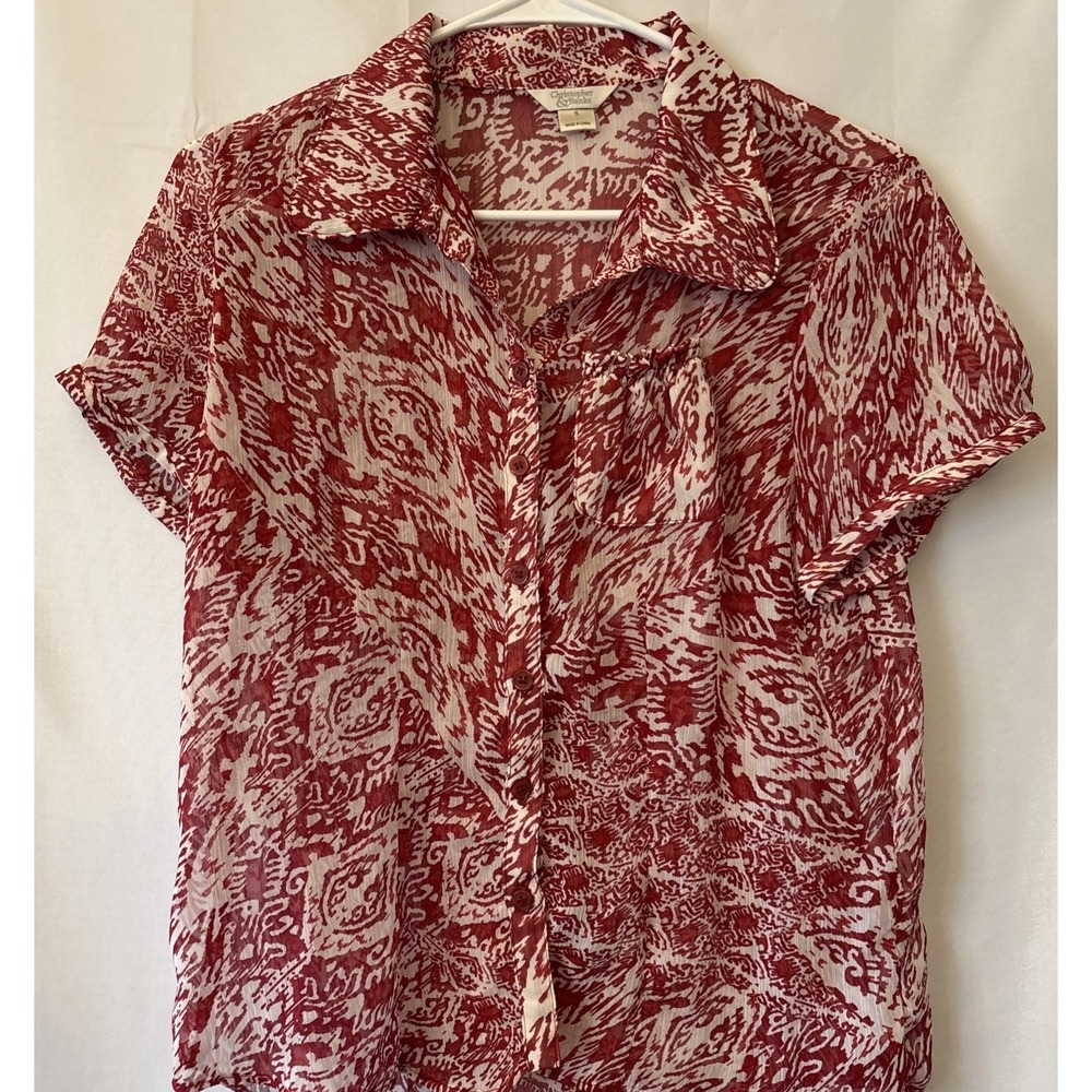 Christopher Banks Women's Red/White Patterened Short Sleeve Semi Sheer Blouse S